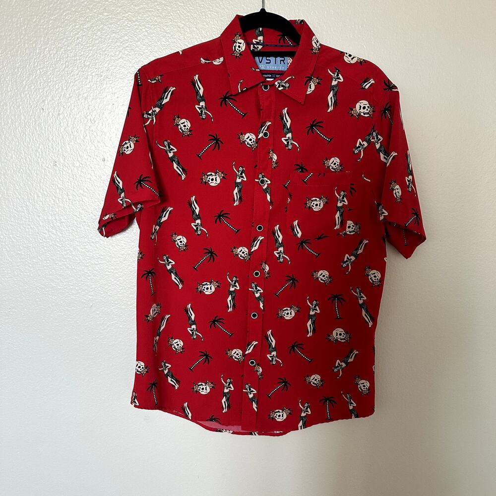VSTR 4-Way Stretch Easy Care button down shirt Small Hula Girl Skull Palm Red